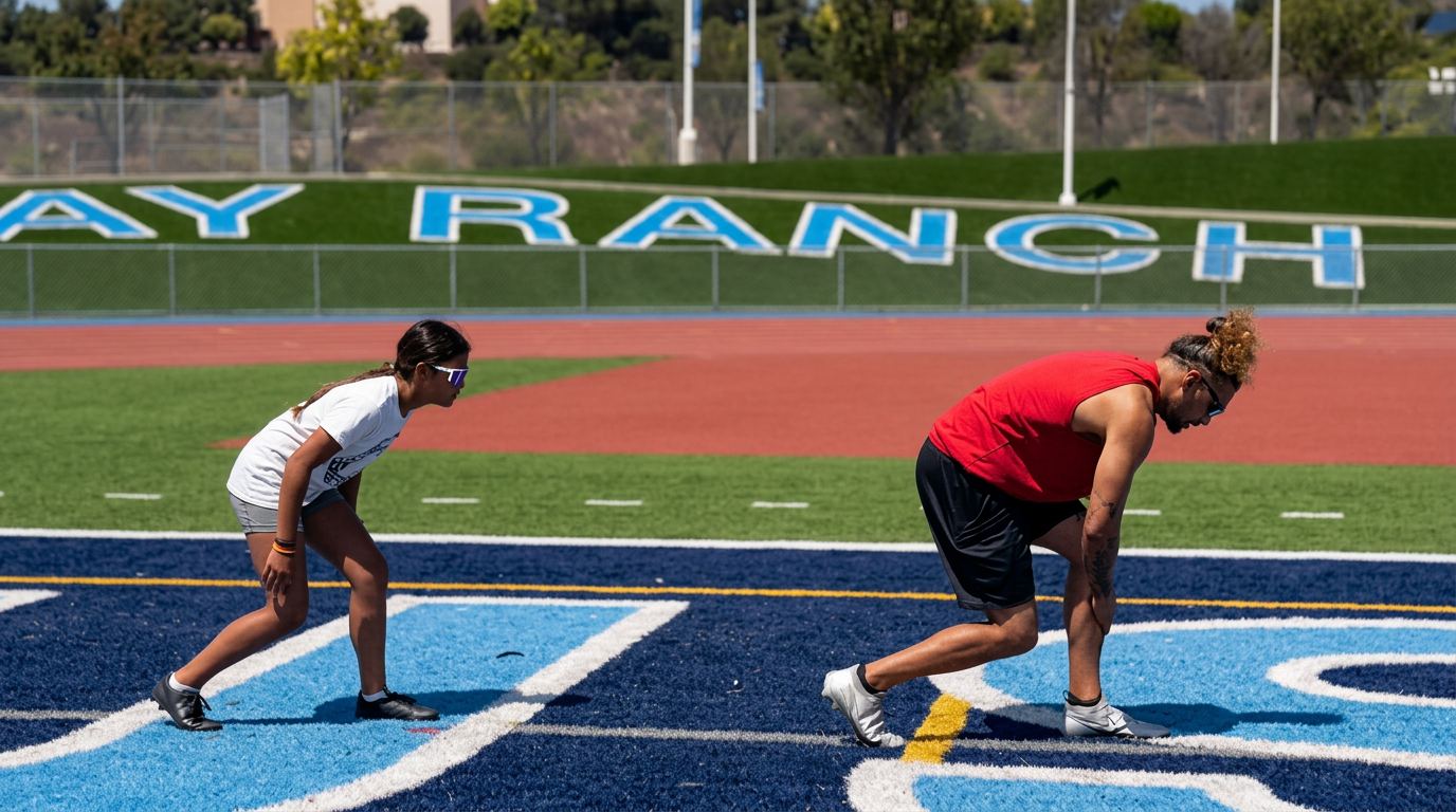Coach Jason and an athlete mirroring an athletic stance on a stadium field
