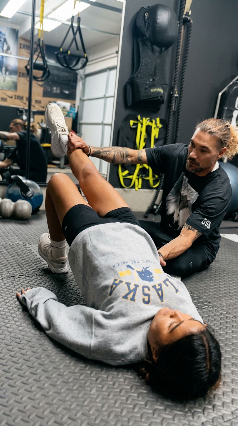 Coach Jason guiding an assisted stretch on the training mat